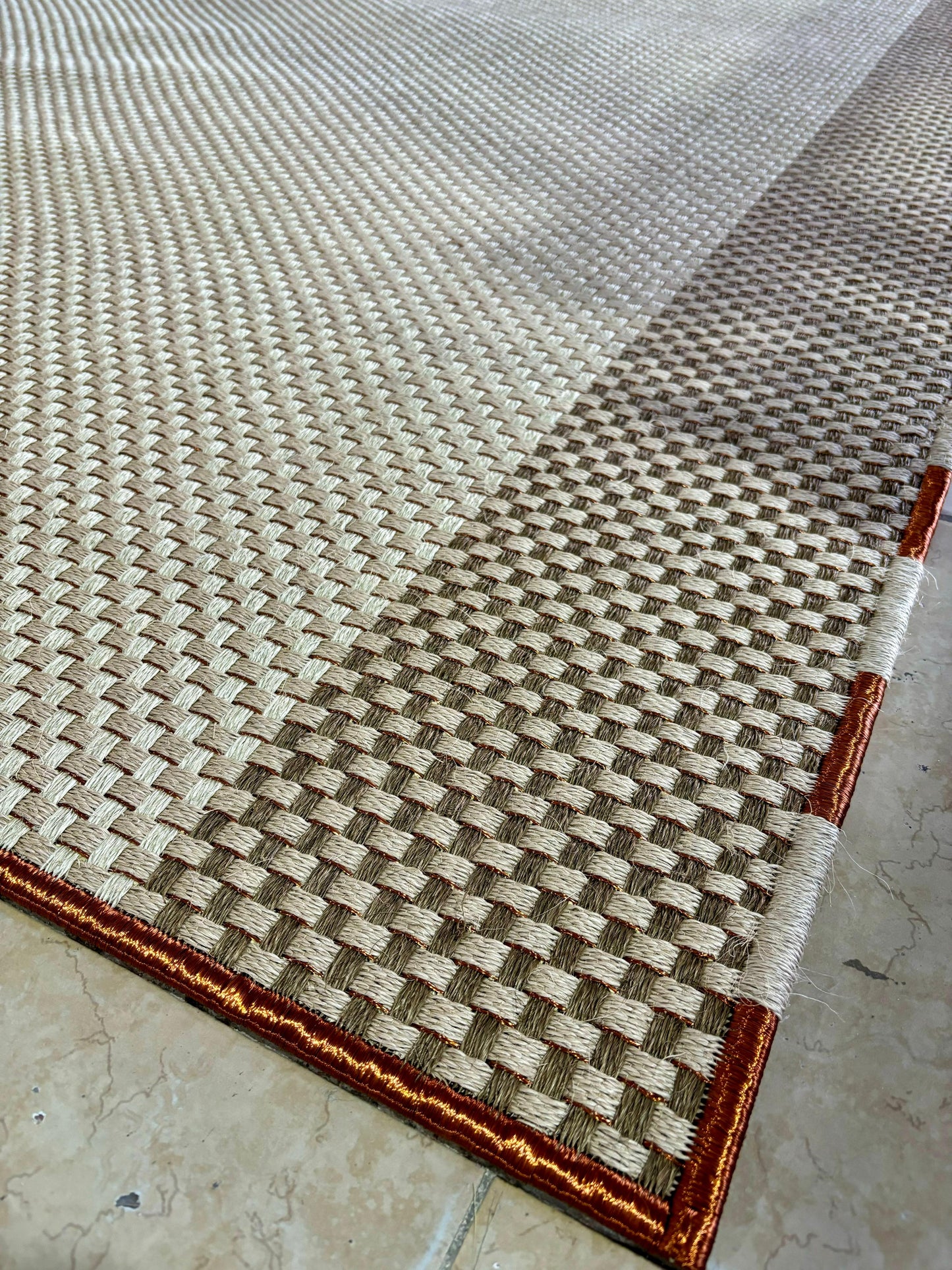 Combined Canasto woven Rug in two-tone Fique with copper detail/ One to One Edge/ F40